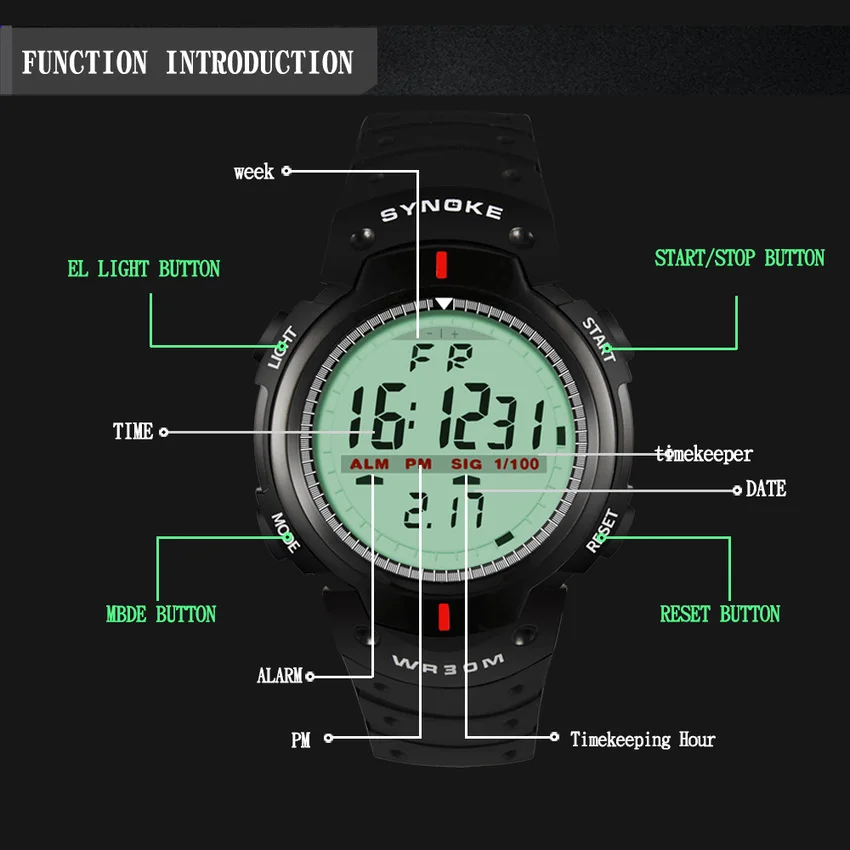 SYNOKE часы для мужчин 30 м водонепроницаемый электронный светодиодный цифровые часы для мужчин для улицы мужские спортивные наручные часы Секундомер Relojes Hombre