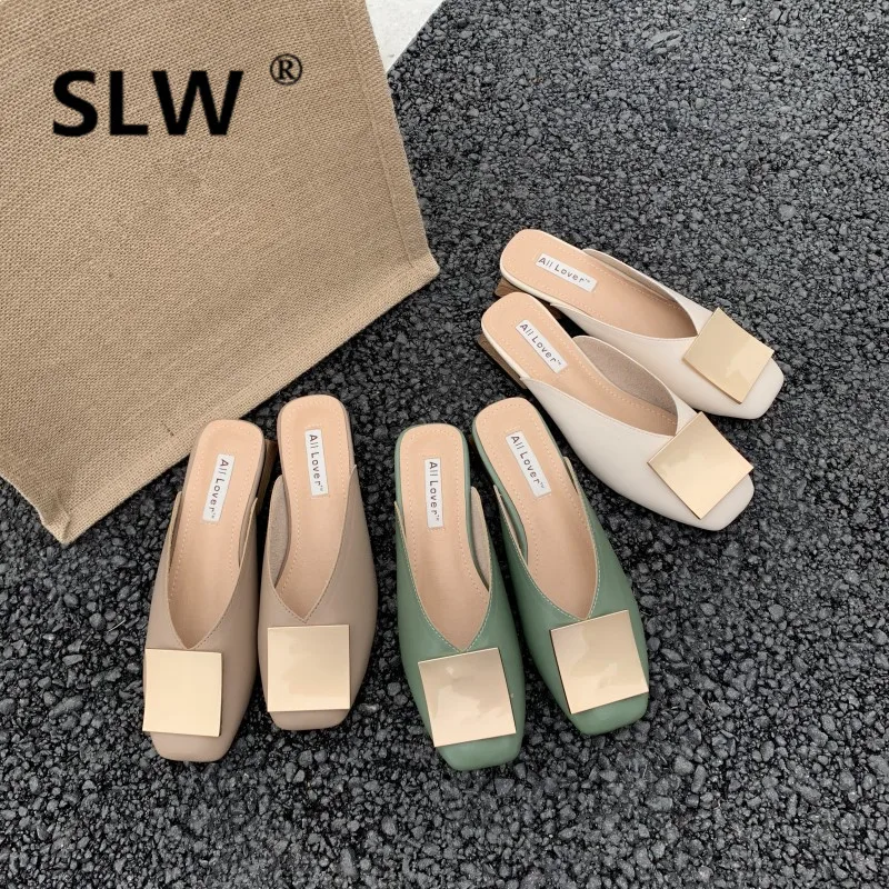

Woman Shoes Luxury Slides Women's Slippers 2019 Low Cover Toe Square heel Metal Decoration Designer Sliders New Summer PU
