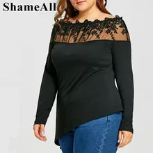 Футболка размера плюс, черная, с цветочной кружевной отделкой, с открытыми плечами, 4Xl, 5Xl, большой размер, с вырезами, женские топы, с длинным рукавом, женская футболка, тонкая