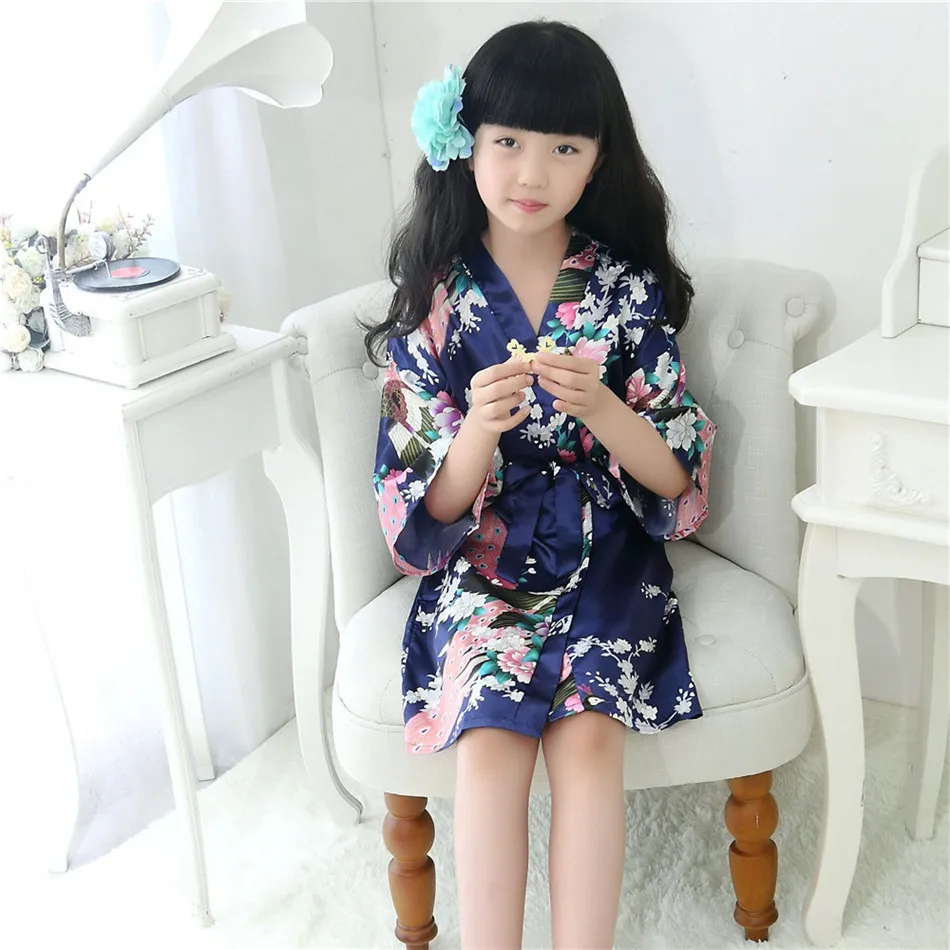 Красный для маленьких девочек кимоно Банный халат Детская ночная рубашка из искусственного шелка пижамы для детей ночная рубашка Pijama Размеры 4681012 XTZ-806 - Цвет: Navy Blue