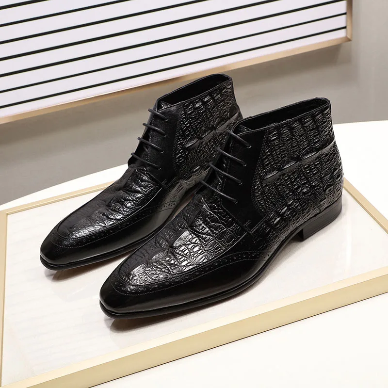 Мужские ботильоны в стиле рок из натуральной кожи с узором «крокодиловая кожа»; удобные Мужские модельные туфли на шнуровке; Цвет черный, коричневый