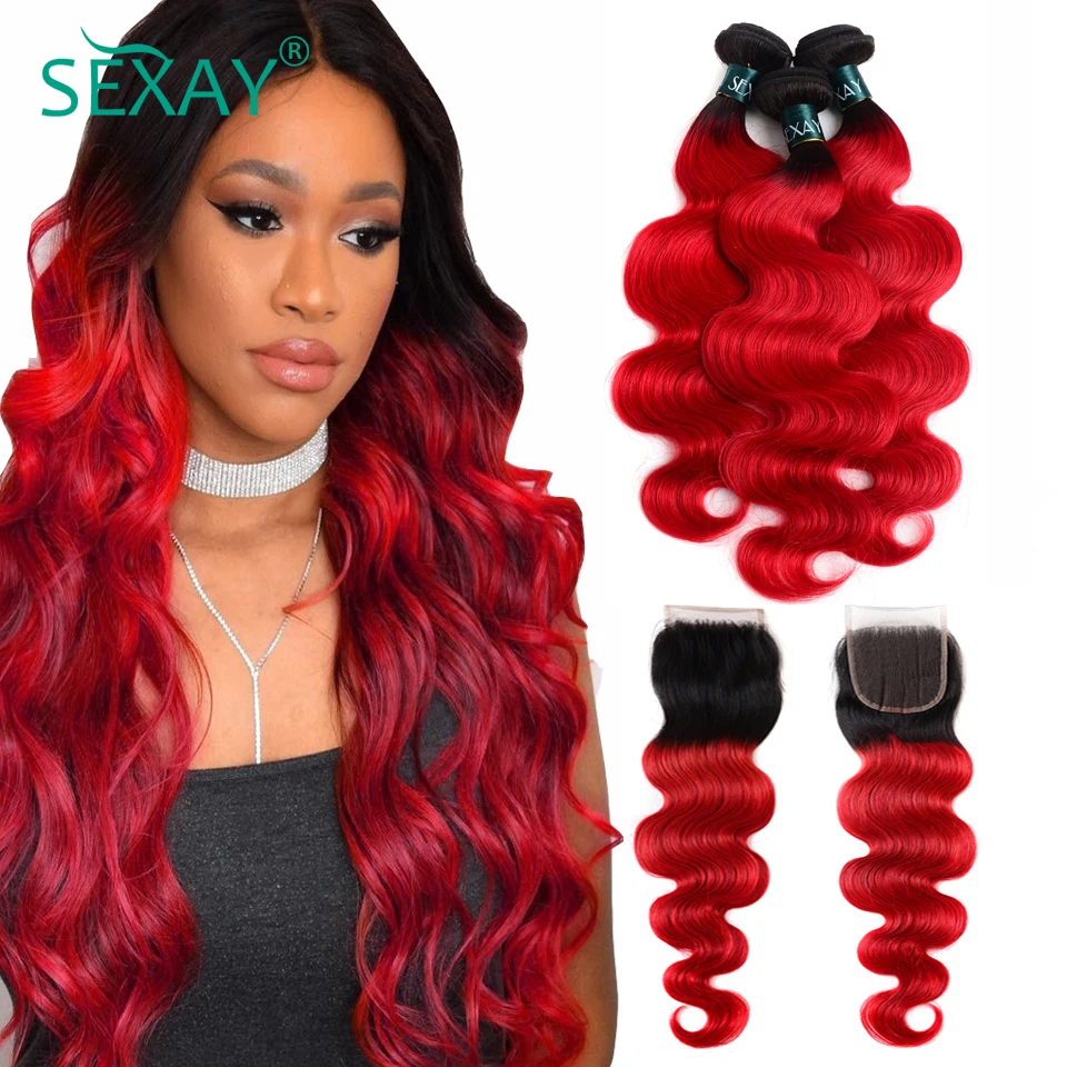  Ombre Bundles With Closure Brazilian Body Wave 3 Bundles Pack With Closure Sexay Pre-Colored 1B/Red