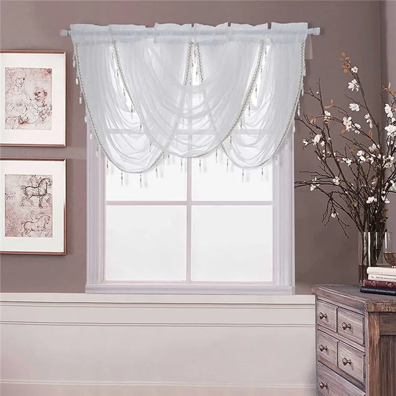 Curtain Window Valance Luxury White Diamond Sheer Embroidered Waterfall Window Valance Tassel Trim 2019 new #3M13 (7)