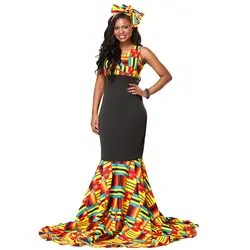 Африканский платья для женщин Анкара воск ткань печати рукавов платье макси черный стрейч Сращивание