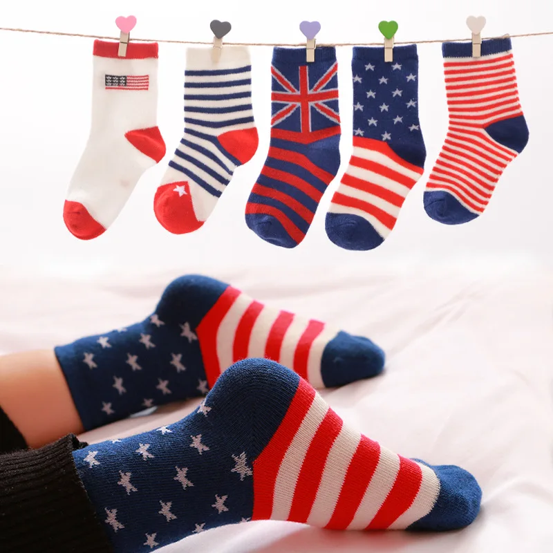 5 Pairs fashion boys socks kids warm socks striped flag casual sock for