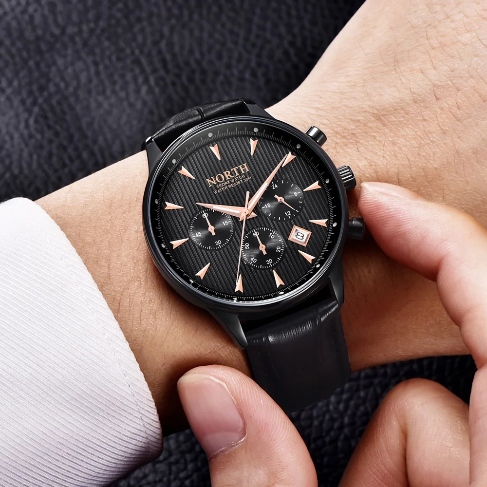Мужские деловые часы, роскошные модные спортивные повседневные кварцевые наручные часы с календарем из натуральной кожи, многофункциональные мужские часы в подарок