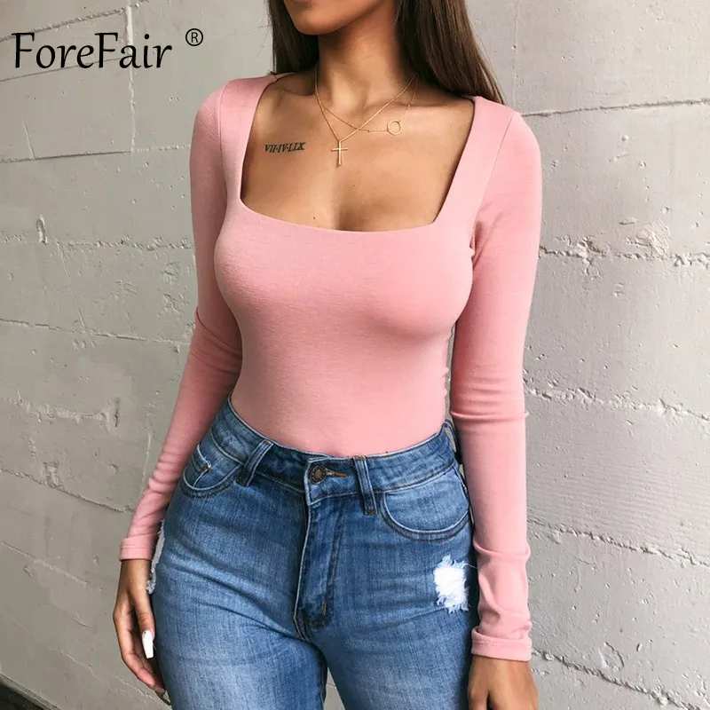 Forefair сексуальный костюм в обтяжку с длинным рукавом квадратная шея оболочка открытая промежность основной белый черный красный комбинезон женский боди Топ - Цвет: Pink Bodysuit