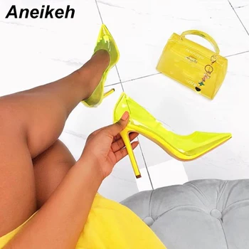 

Aneikeh 2019 Summer New Sexy PVC Candy Color High Heels Transparent Shallow Mouth Pointed Stiletto High Heel Shoes Pink Yellow
