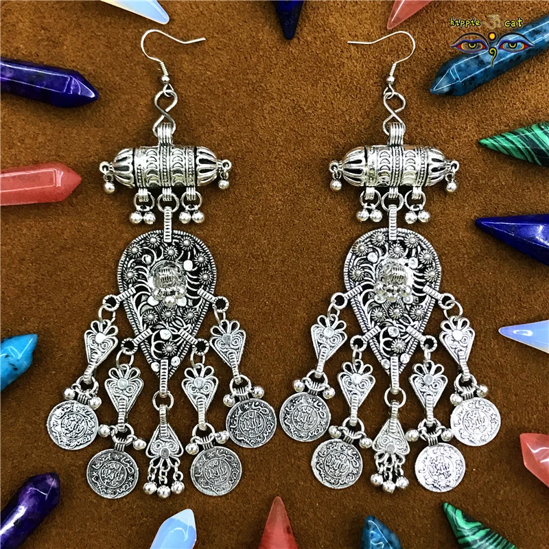 

Middle East India Exaggeration Big Earrings Ancient Silver Handmade Earrings Made of Old Round Coins Jewelry of Gypsy Arabia