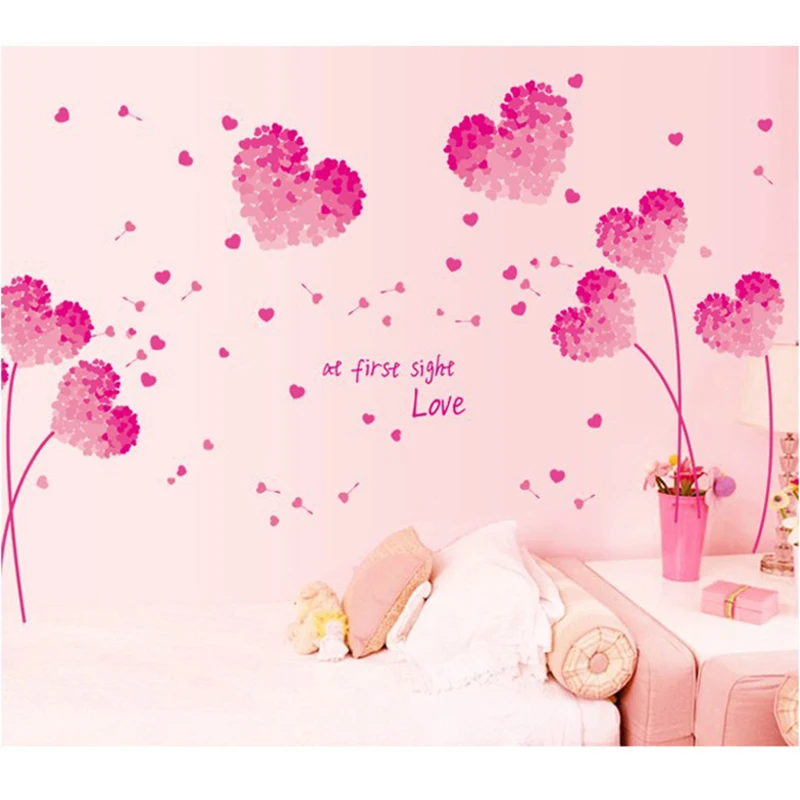 Pink Love Heart Romantic Wall Stickers Living Room Bedroom European Art Murals Flower Love Heart