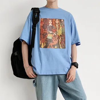 

2019 Summer Korean Men Casual Loose Concise Printing Solid Color Wash Cotton Tops Tee Round Neck Short Sleeve T-shirt Homme M-XL