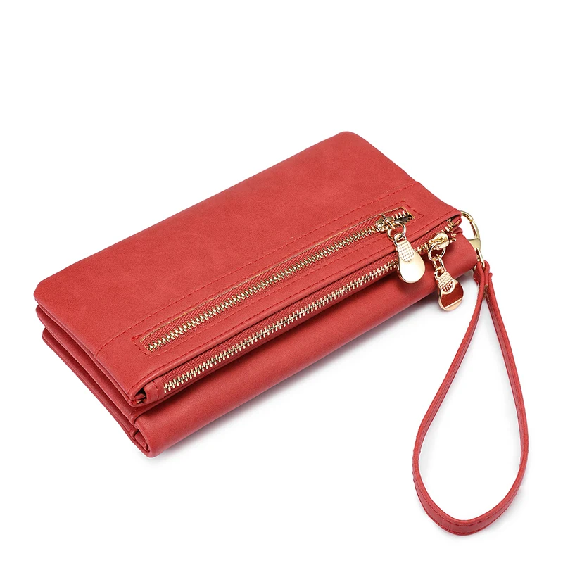 LOVEVOOK women wallet long purse card holder female multi card slots with wrist strap coin pocket for ladies clutch PU with box - Цвет: Coral