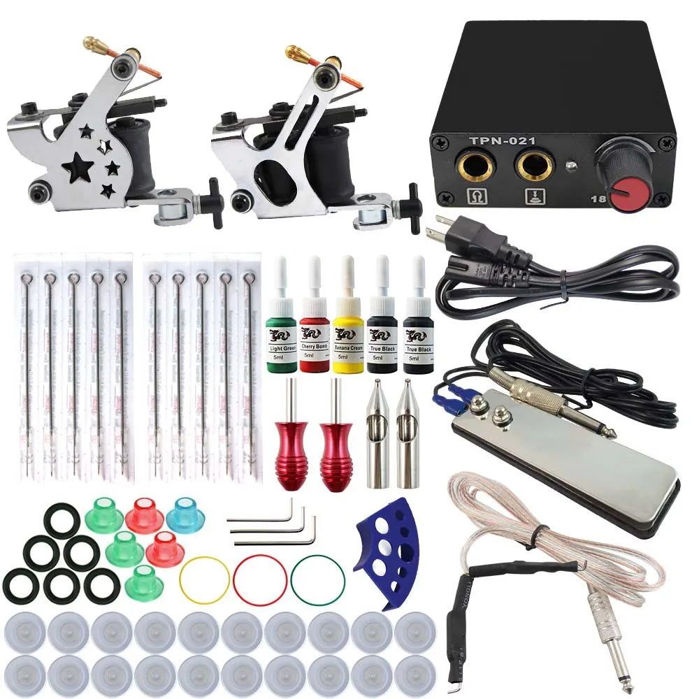 Hot Professional Tattoo Kit 2 Machines Gun 5 Color Inks Power Supply