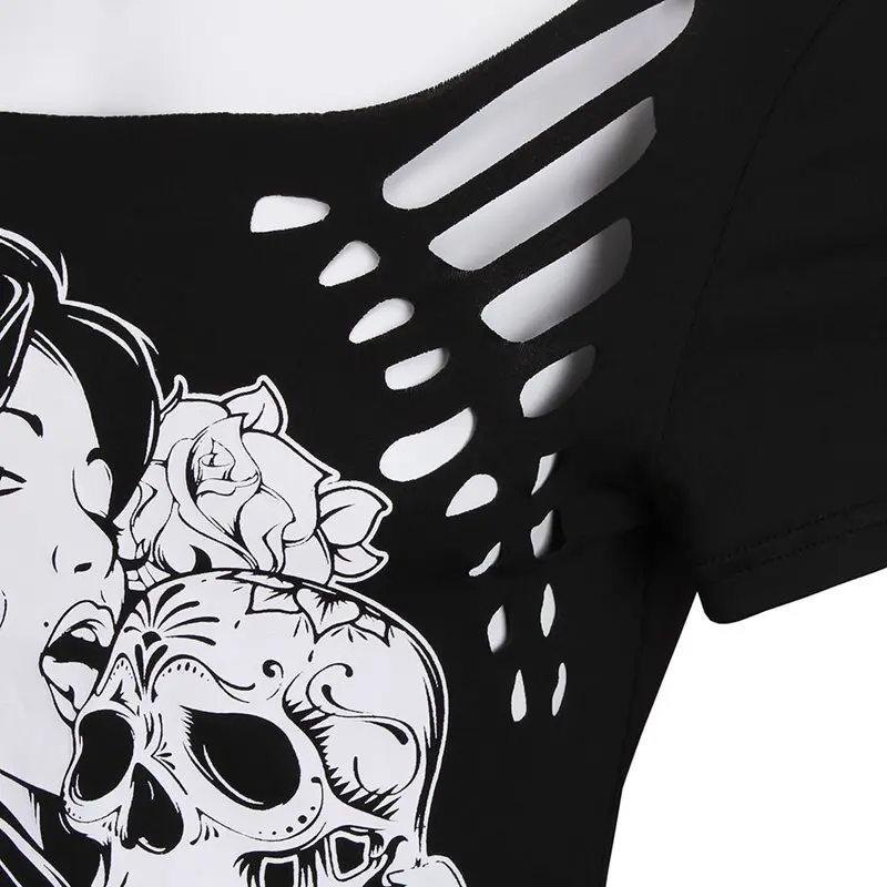 Готическая рваная футболка для женщин с принтом черепа и цветочной фигуры, открытая уличная одежда, топы, эластичные тонкие тренировочные черные женские сексуальные футболки