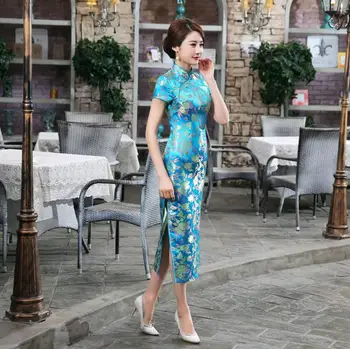 

High Quality Blue Chinese Women's Satin Qipao Traditional Long Cheongsam Vintage Party Dress Size S M L XL XXL XXXL C0033-C