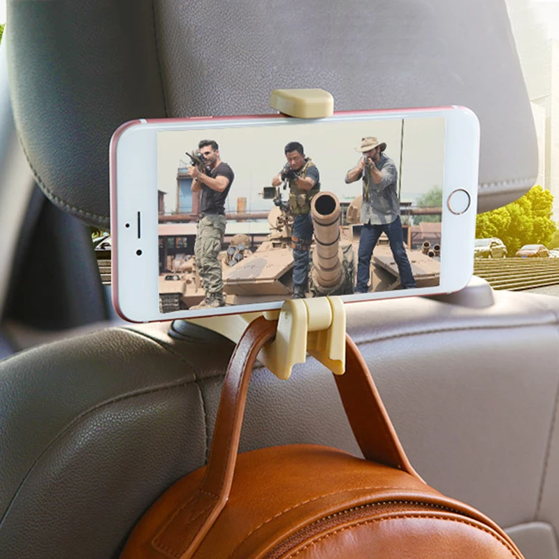 

Car Headrest Hook with Phone Holder Seat Back Hanger for Bag Handbag Purse Grocery Cloth Portable Multifunction Clips Organizer
