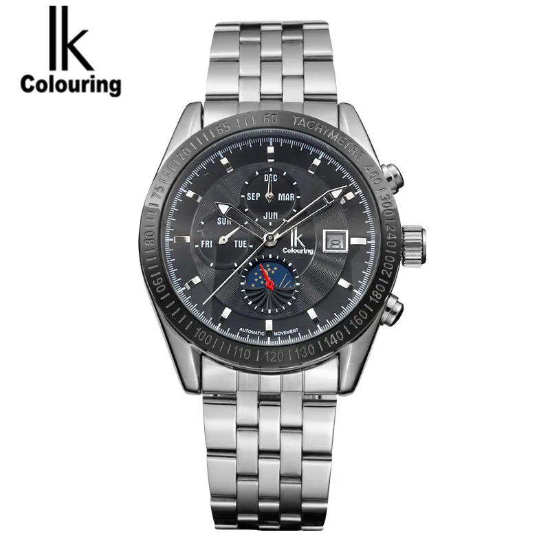 

IK Colouring Fashion Mechanical Day 6 Hands Moonphase Watch Auto Stainless Steel Men's Watches Wristwatch Free Ship
