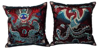 

2 pcs Vintage Chinese Ethnic Retro Embroider Dragon&Phoenix Cushion