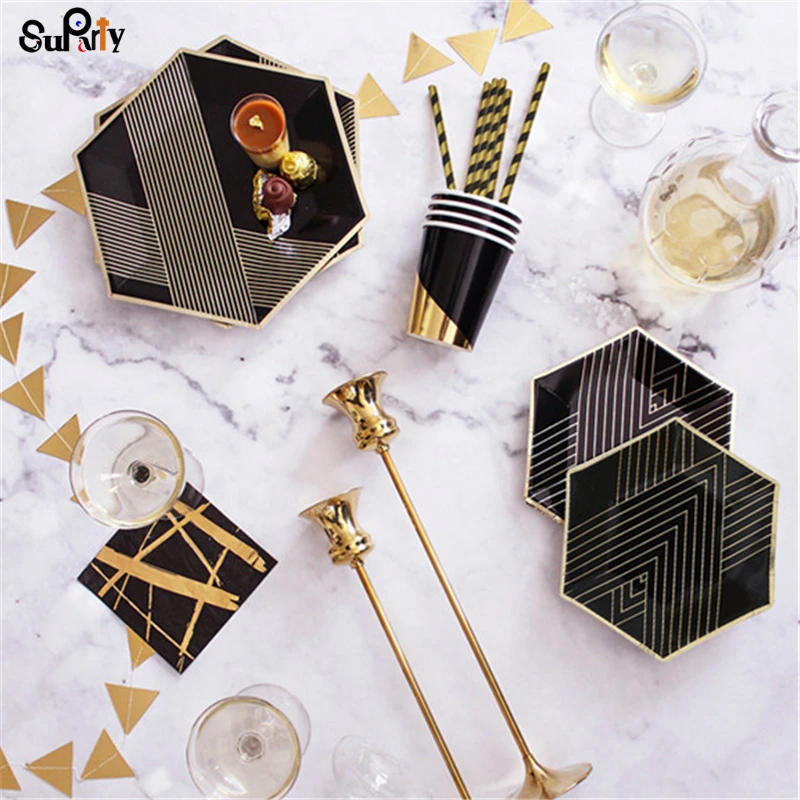 

40 Sets Disposable Tableware Black with Gold Party Tableware Setting Paper Plates Cups Napkin Straw Baby Shower Engagement Decor