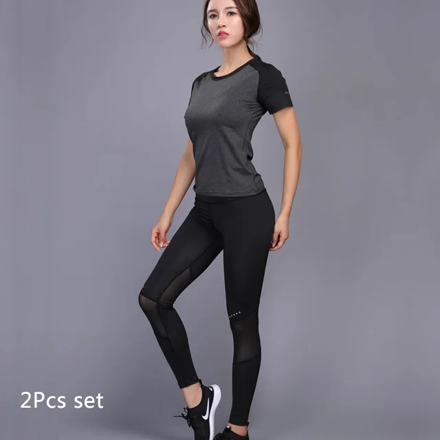 Женский комплект для йоги, облегающий комплект для бега, для бега, спортзала, тренировки, бодибилдинга, фитнеса, тренировок, Спортивная футболка и штаны, костюм для бега - Цвет: Black 2Pcs set