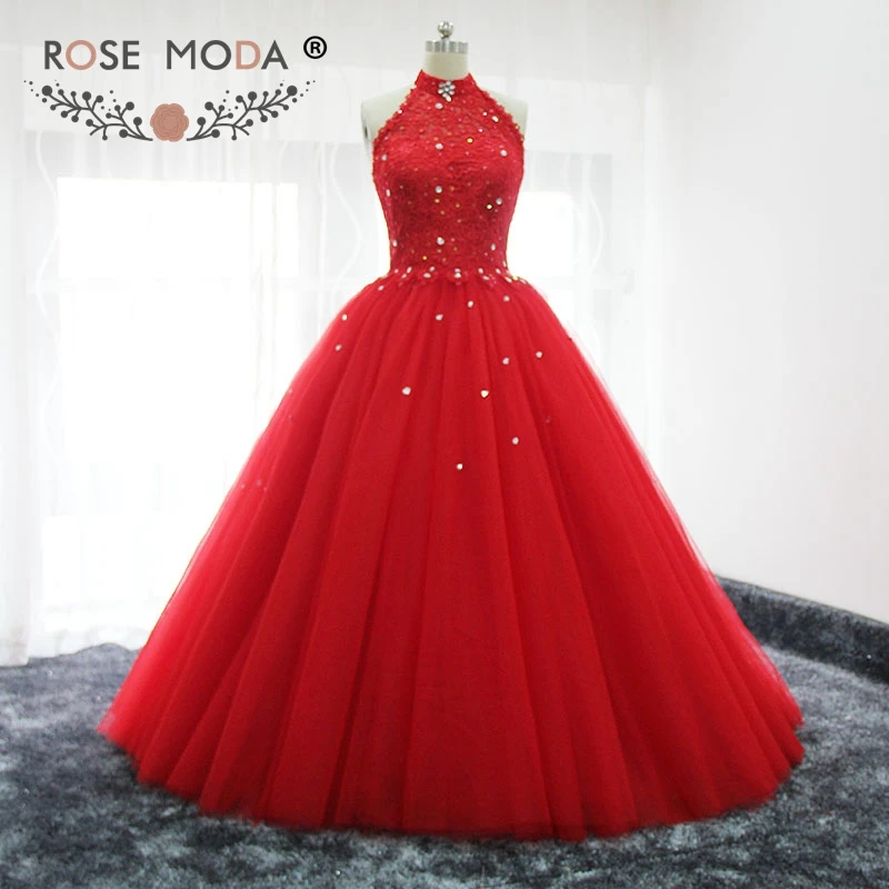 

Rose Moda Red Halter Puffy Prom Dress Bling Crystal Formal Party Dress Lace Up Back Real Images