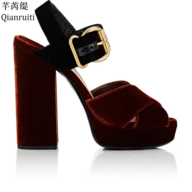 

Qianruiti Patchwork Flock High Heels Women Sandals Summer Buckle Strap Women Pumps Peep Toe Block Heels Women Platform Shoes