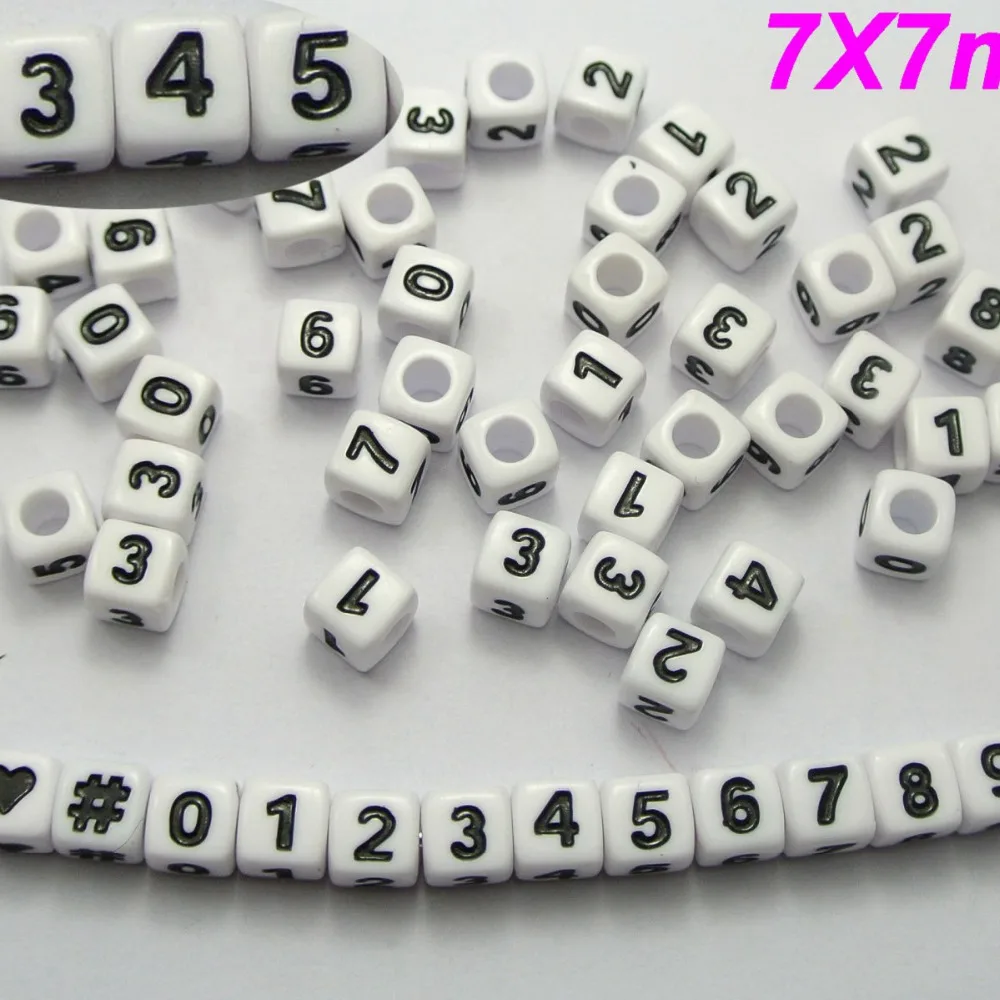 200 белых с черным Ассорти цифр &quot#&quot Акриловые кубические шарики 7x7мм|bead sites|beaded