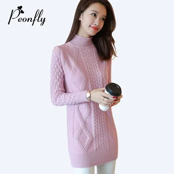 

PEONFLY Autumn Winter Thick Warm Knitted Long Sweater Dress Women Half Turtleneck Sweater Women Pullovers Female Jumper
