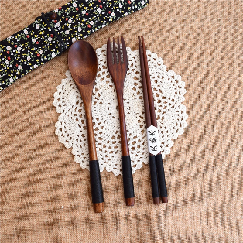 Tofok 3pcs Spoon Fork Chopstick Dinnerware Set Cutlery Wrapped Wire Handmade Tableware Chinese Japanese Kitchen Accessories Gift - Цвет: Black Thread