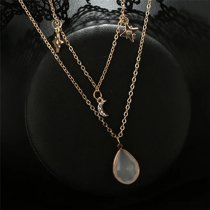 Fashion Simple Round Diamond Necklace Multi-layer Alloy Chain Clavicle Chain elliptical imitation gemstone necklace F13 (1)