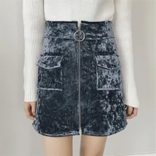 

2017 Winter fashion zipper high waist velvet bust skirt autumn and winter skirt women's a-line skirt short skirt faldas saias