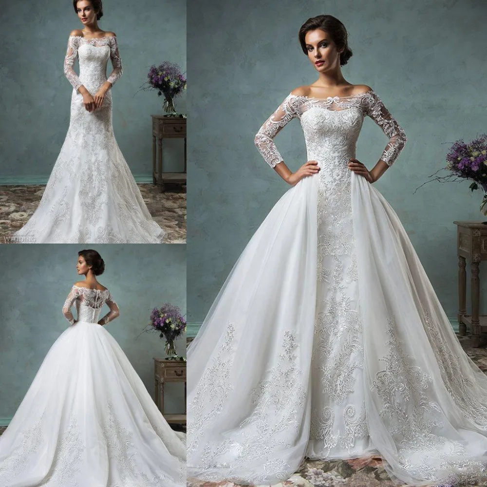 Vintage Lace Wedding Dresses with Detachable OverSkirt Modest Sheer Long Sleeve Plus Size Amelia Sposa Sequins Beach Bridal Gowns 2017