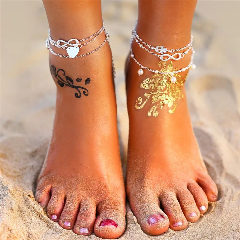 17KM Boho Anklet Bracelets 2019 For Women Vintage Silver Heart Infinite