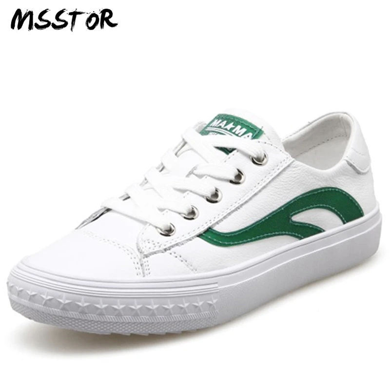 

MSSTOR Genuine Leather White Shoes Mixed Colors Subber Round Toe Concise Shallow Spring Summer Flats Cross-tied Ladies Shoes