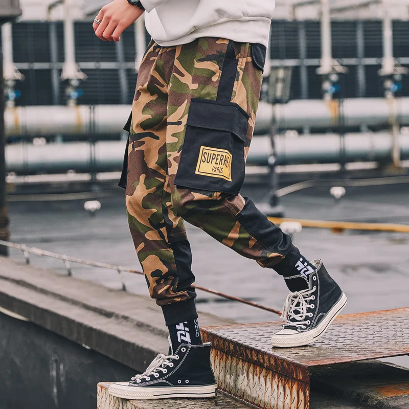 Мужские штаны шаровары с несколькими карманами и эластичной резинкой на талии