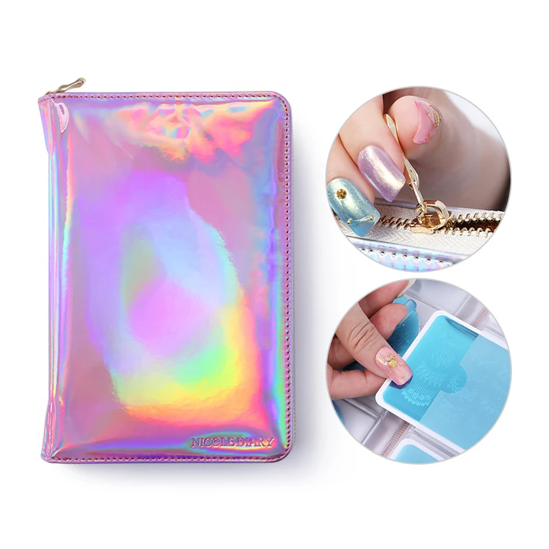 

NICOLE DIARY 1Pc 72 Slots Holographic Stamping Plate Case Holder Laser Silver Pink Round Rectangle Nail Art Plate Organizer