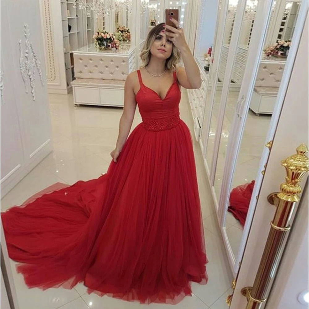 

Spaghetti Strap Prom Dresses A Line Sweetheart Beading Sash Sleeveless Red Tull Evening Formal Party Dress Vestido De Fiesta