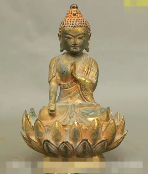 

S02696 8" Tibet Buddhism Bronze Gilt Shakyamuni Sakyamuni Amitabha Buddha Lotus Statue (A0321)