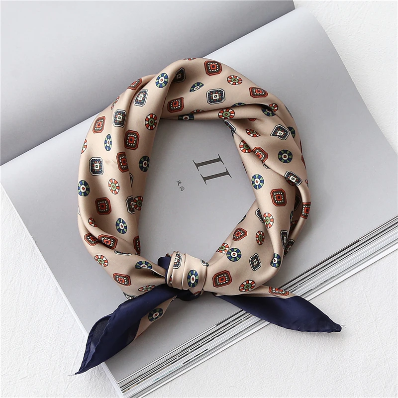 

53-60CM Imitated Silk Small Square Scarfs For Women Retro Printed Ladies Neckerchief Satin Kerchief Crinkle Scarf Tie Bandana