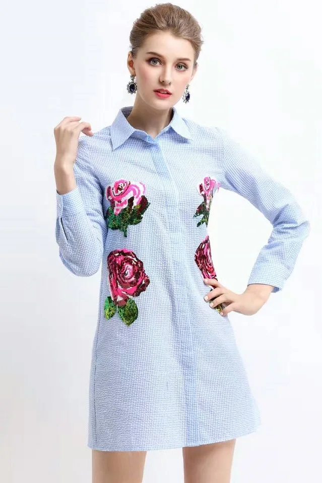 Wholesale New Hot Sale Dress Clothing 2017 Summer Women Turn-down Collar Sequined Rose Floral Plaid Print Long Sleeve Casual Dress Shirt Buy Cheap New Hot Sale Dress Clothing 2017 Summer Women Turn-down Collar Sequined Rose Floral Plaid Print Long Sleeve Casual Dress Shirt