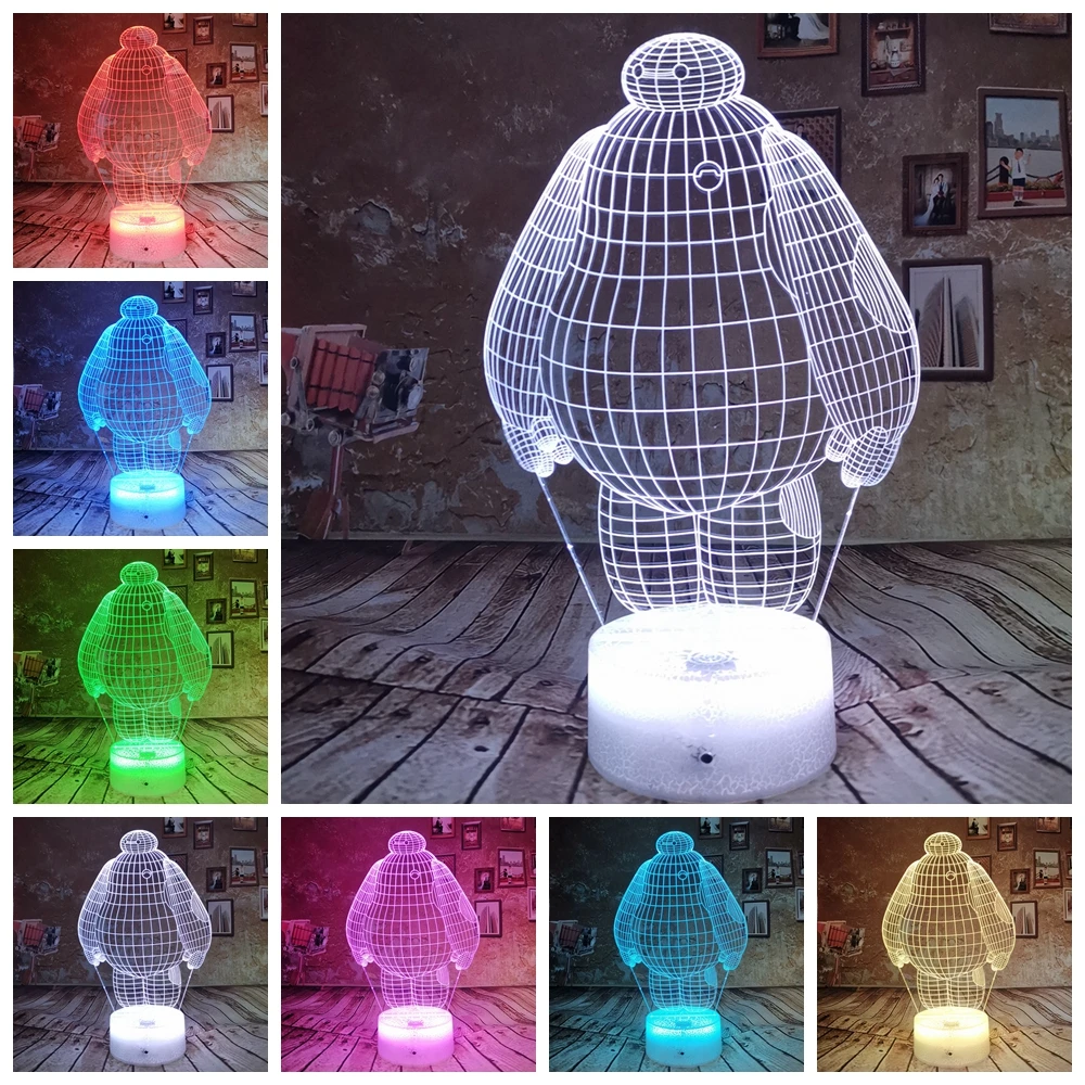 Дропшиппинг Сенсорный пульт 3D ночник лампа Baymax 7 цветов Иллюзия Led USB Домашний