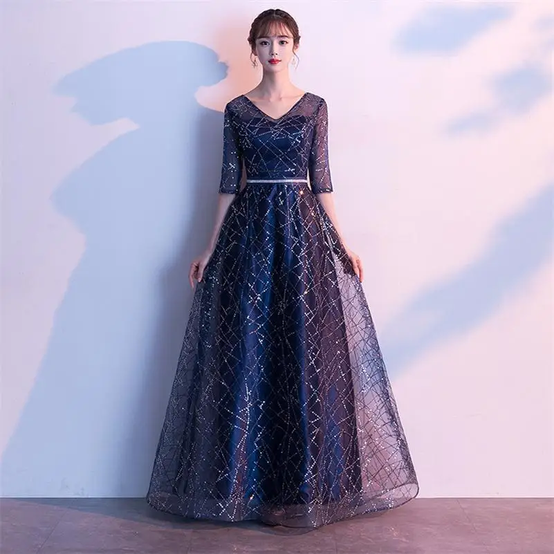 navy blue Вечернее платье с коротким рукавом Блестящие модные элегантные вечерние платья кружевные вечерние платья для женщин Vestidos Размер s-xxl - Цвет: navy blue