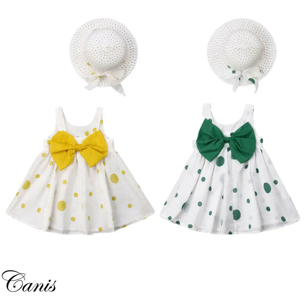 

Sweet Toddler Kids Baby Girls Summer Dress +Hat Bow-knot Polka Dot Tulle Party Pageant Dress Sleeveless 6M-3Y Clothes