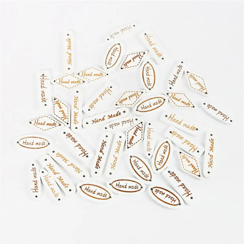 50/100pcs Handmade Oval Square Natural Wooden Button "Hand Made" Tags Applique for DIY Sewing Clothes Crafts Scrapbooking - Цвет: White  5 Shapes