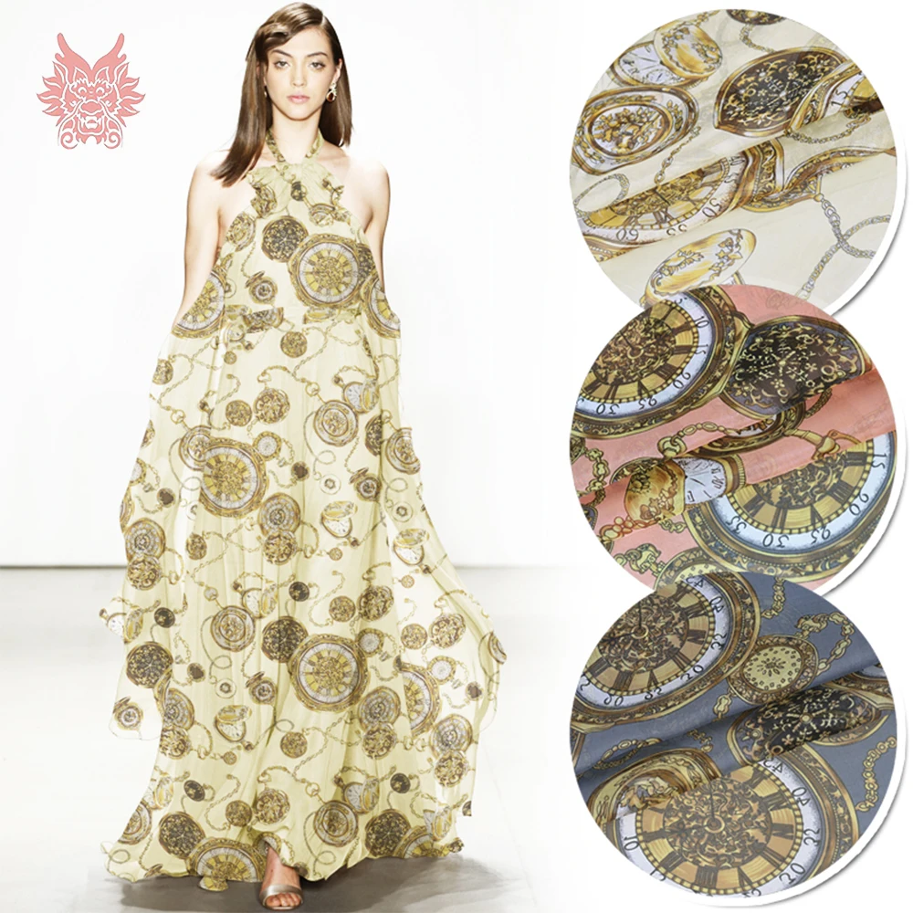 

Vintage style clock print 100% natural silk chiffon fabric for beach dress pure silk tissu tecidos stoffen fabrc 6mm SP5347