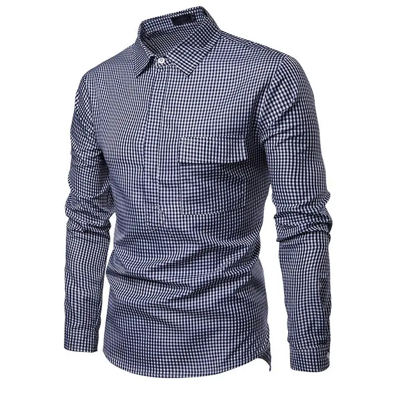 

Plaid Hawaiian Shirt Male Fashion Unique Design Long-sleeved Men's Shirt Lapel Pullover Blouse Men Khaki Blue