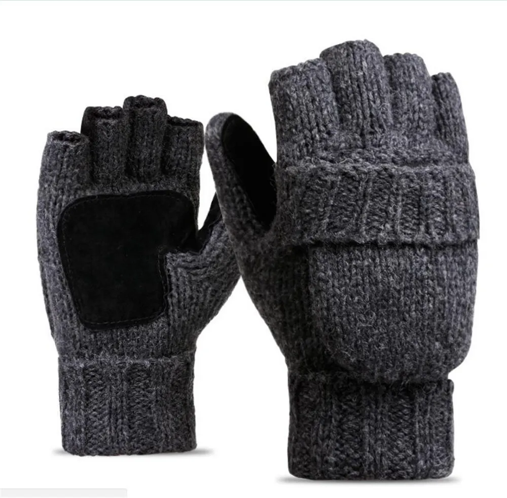 Men's Thinsulate Thick Wool Knitted Half Mitten Suede Palm Gloves Warm Outdoor Riding Gloves - Цвет: Темно-серый