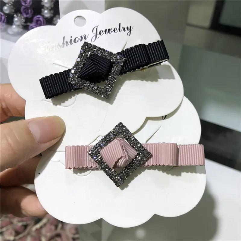 Fashion Women Girls Simple Shiny Crystal Rhinestones Square Hair Clips Elegant Ribbon Hairpins Hair Accessories Exquisite Gift