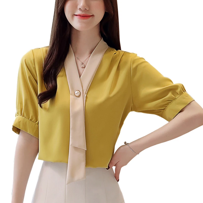 

Blouses 2019 Fashion Office shirt Casual button up Frill Trim Floral Tie Neck Stand Collar Blouses Shirt Summer Women Top 102J3