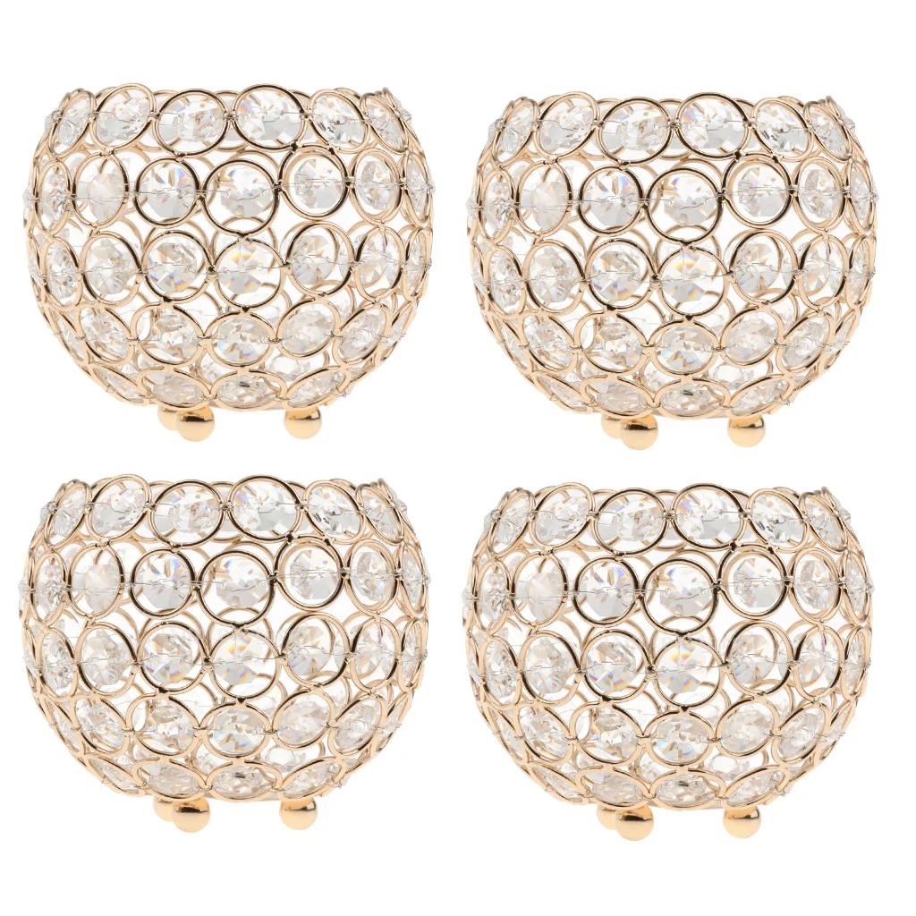 4Pcs 10cm Crystal Bowl Tea Light Candle Holder Wedding Banquet Decor _Gold